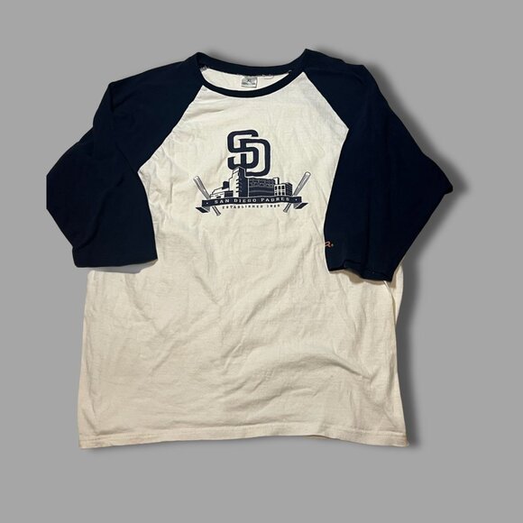 San Diego Padres Raglan Tee XL Navy & White Baseball Style 100% Cotton Casual Me - Picture 2 of 5